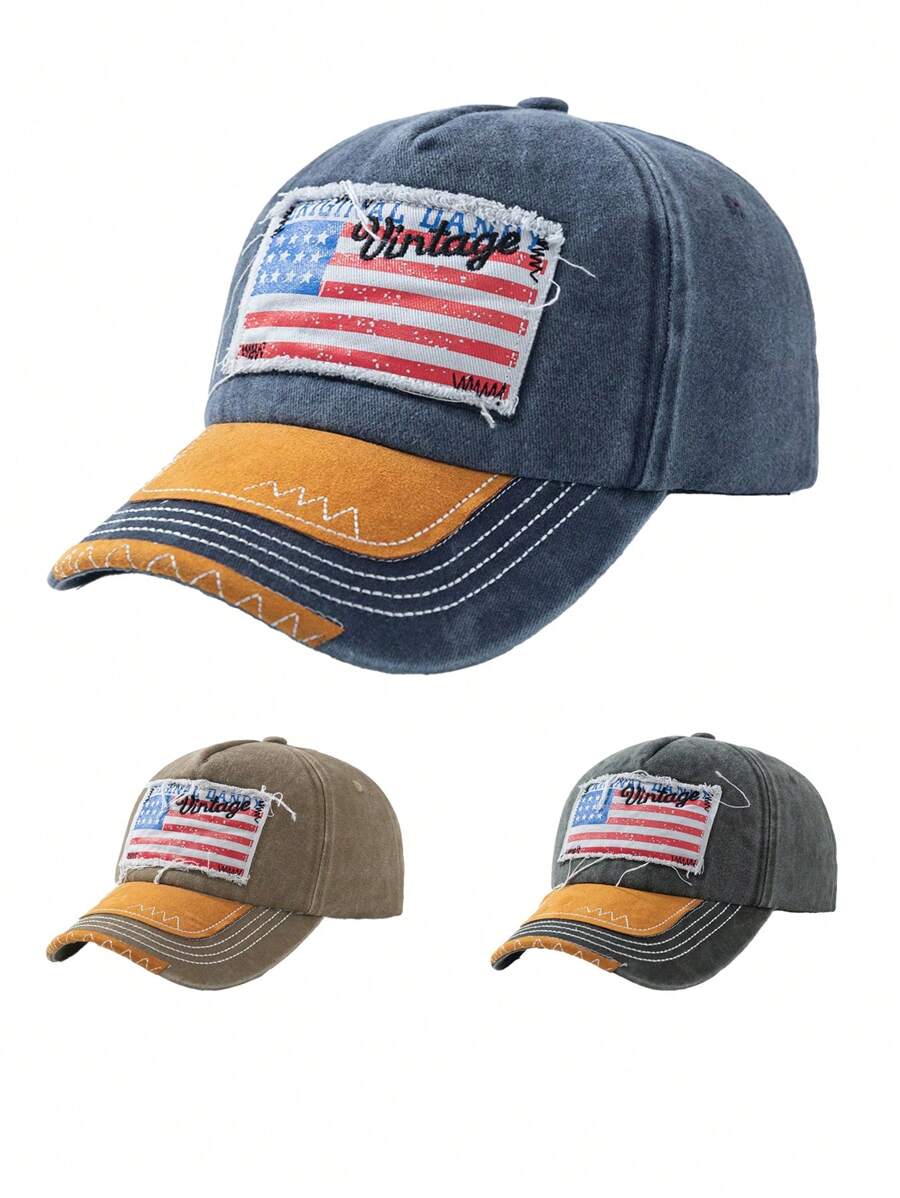 1 件男士仿旧布贴美国国旗水洗棒球帽，适合 7 月 4 日 - A - 查看 1