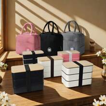 一套三层便当盒，带保温袋，日式午餐盒，成人午餐盒，寿司/零食盒，女士保温午餐袋，可堆叠，易清洁，可重复使用，适合学校、工作、户外旅行、露营 - 彩色 - 查看 7