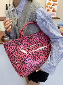 Large Capacity Fashion Transparent Jelly Tote Bag, PVC Waterproof Shopping Bag, Korean Version Unisex Style Large Handbag, INS Matching Item, Retro Casual Street Style Niche Tote Bag, Japanese Slouchy For High School, University Students, Fitness Yoga Travel Bag, Mommy Bag, Letter Simple Celebrity Same Design, Crimp Texture High-End Quality Composite Paper Tote Bag - Hot Pink - View 5