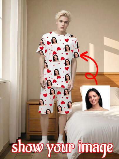 Set de 2 piezas, Pijama de manga corta personalizado para hombres, Foto personalizada tipo retrato, Regalo, Novedad, Primer plano grande, Reemplazo de rostro, Tela ligera y de secado rápido, cómoda, Regalo para amigos/pareja, Regalo para fiesta/cumpleaños