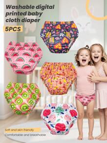 Set de 5 pantalones cortos reutilizables con estampado digital para entrenamiento de inodoro para bebés, ropa interior lavable para entrenamiento de ir al baño para niños y niñas