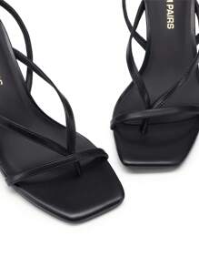 Women Kitten Heel Thong Sandals, Fashion Square Toe Ankle Strap High Heeled Sandals For Wedding Party Casual Wearing - 黑色 - 查看 8