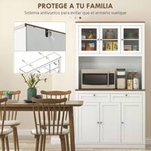 HOMCOM HOMCOM Alacena de Cocina Mueble Auxiliar de Cocina Armario de Cocina con 3 Puertas de Vidrio Compartimento Abierto 2 Cajones y Estantes Ajustables 100x40x180 cm Blanco