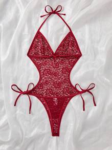 女士花朵蕾丝吊带露背吊带性感连体裤 - 酒紅色 - 查看 3