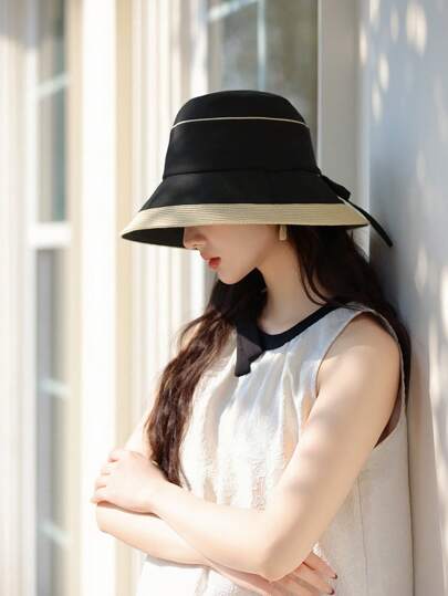 1 件女士纯色夏季新款时尚简约休闲百搭大檐渔夫帽，防晒，适合海滩、旅行、郊游，可折叠，宽边波西米亚风格，适合约会、与朋友聚会、户外活动、海滩度假
