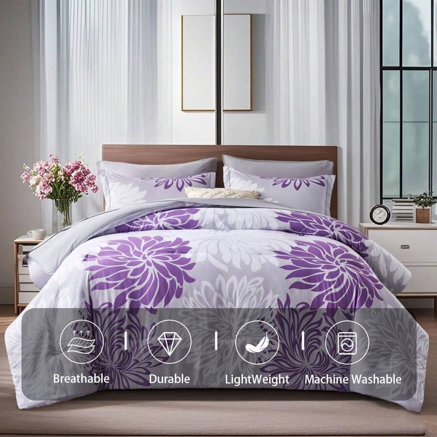 7-Pcs Bed In A Bag Comforter Set Queen, Boho Flower Print Comforter And 2 Pillowshams, Flat Sheet, Fitted Sheet,2 Pillowcase Set, Soft Microfiber, Comfortable And Warm Bedding Set, Bedroom Decor For All Seasons, Ideal Gift For Mom - 紫色 - 24 - 查看 1