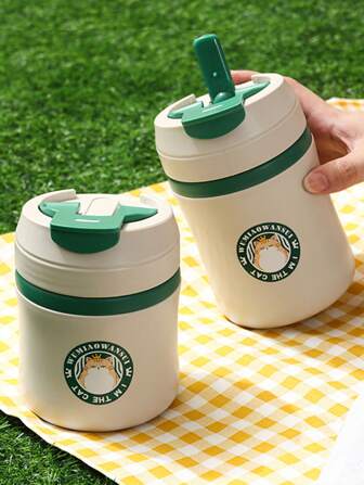 1PC Stainless Steel Water Cup, Coffee Cup, Handy Cup, Milk Cup, Office Worker, Student's Warm Breakfast Cup, Portable Soup Cup, Breakfast Cup, Milk Cup, Oatmeal Cup, Yogurt Cup, Men's And Women's Office, High Beauty Tea Cup, Home Drinking Cup, With Cover, Double Layer Heat Insulation, Anti Scalding, Straw Drinking Cup, Couple Cup