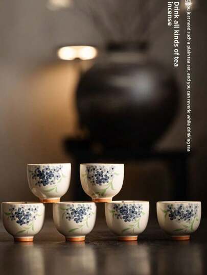 1pc/2pcs/4pcs Ash Gray Ceramic Tea Cup, Hand-Painted Hydrangea Pattern, Personal Tea Cup, Gongfu Tea Set, Gift For Elders, Friends And Relatives Back To School