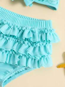 Conjuntos de trajes de baño de verano para niñas pequeñas, blusa con cuello colgante, pantalones cortos con volantes en capas y sombrero. - Azul - Ver 8