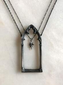 2pc Women's Gothic Arch Necklace, Vintage Star Pendant, Black Metal Choker, Elegant Bohemian Jewelry, Adjustable Double Chain, Unique Statement Necklace, Gothic Fashion Accessory, Handcrafted Window Frame Design, Celestial Star Charm, Daily Wear Or Special Occasion, Hypoallergenic Material - 彩色 - 查看 1