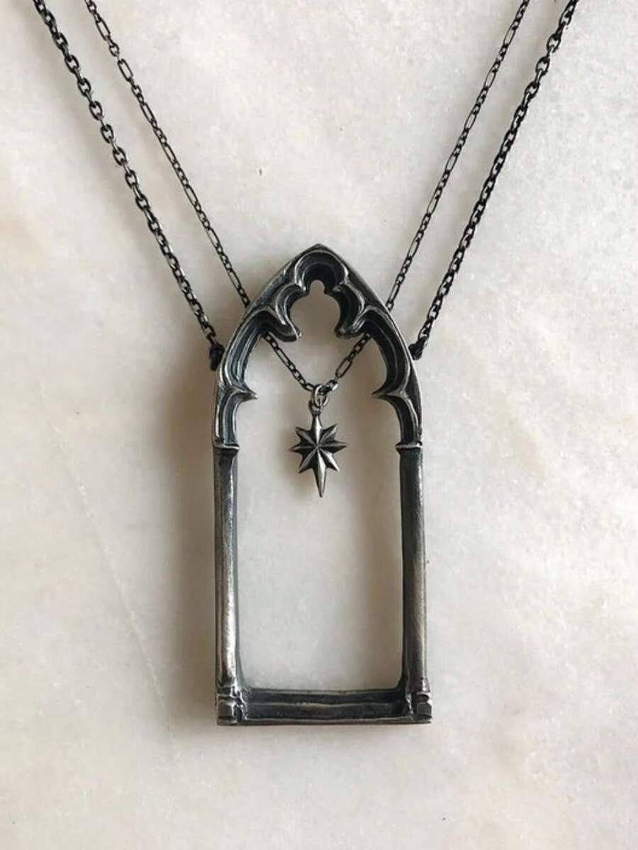 2pc Women's Gothic Arch Necklace, Vintage Star Pendant, Black Metal Choker, Elegant Bohemian Jewelry, Adjustable Double Chain, Unique Statement Necklace, Gothic Fashion Accessory, Handcrafted Window Frame Design, Celestial Star Charm, Daily Wear Or Special Occasion, Hypoallergenic Material - 彩色 - 查看 1