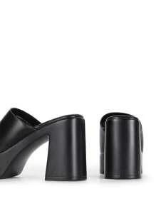 Women Minimalist Chunky Mule Heeled Sandals, Comfortable Platform Slip On Open Toe Block Summer Heeled Sandals - 黑色 - 查看 4