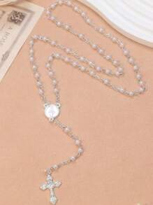 1 pieza Rosario asequible y creativo de cuentas de perlas acrílicas de colores, colgante de cruz religiosa cristiana católica de Jesús, collar de etiqueta de perro de sacerdote de aleación vintage