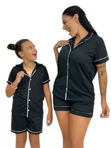 American Mother And Daughter Pajamas - Turtleneck Top And Shorts - Blanco y Negro - Ver 2