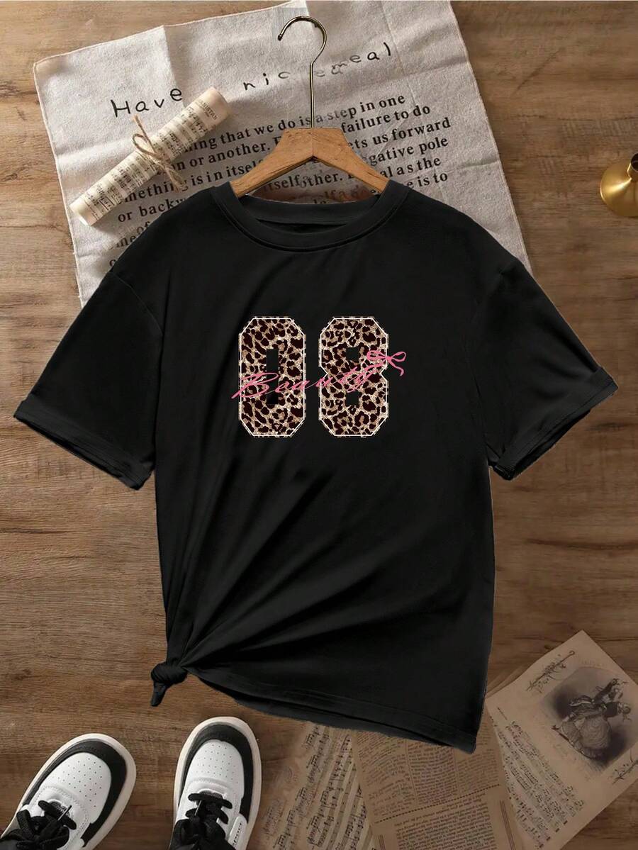Damen Sommer Leoparden Muster digitales Muster lässiges, stilvolles T-Shirt - Schwarz - Übersicht 1