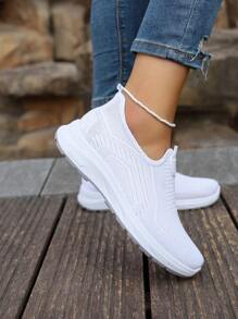 Plus Size Women's White Breathable Lace-Up Sneakers, Mesh Upper, Soft Sole, Shock Absorbing, Anti-Slip, Running Shoes, Casual Multifunctional Comfortable Outdoor Sports Shoes