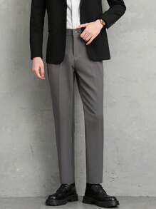 Calça Casual Masculina Perna Reta, Cor Sólida, Bolsos Laterais, Calça de Terno Formal - Chumbo - Visão 2