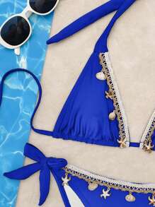 2pcs Women's Ocean Themed Decorative Sexy Casual Bikini Set, Spaghetti Strap Solid Color Swimwear Suitable For Beach And Swimming Pool Vacation Summer - Blue - View 6