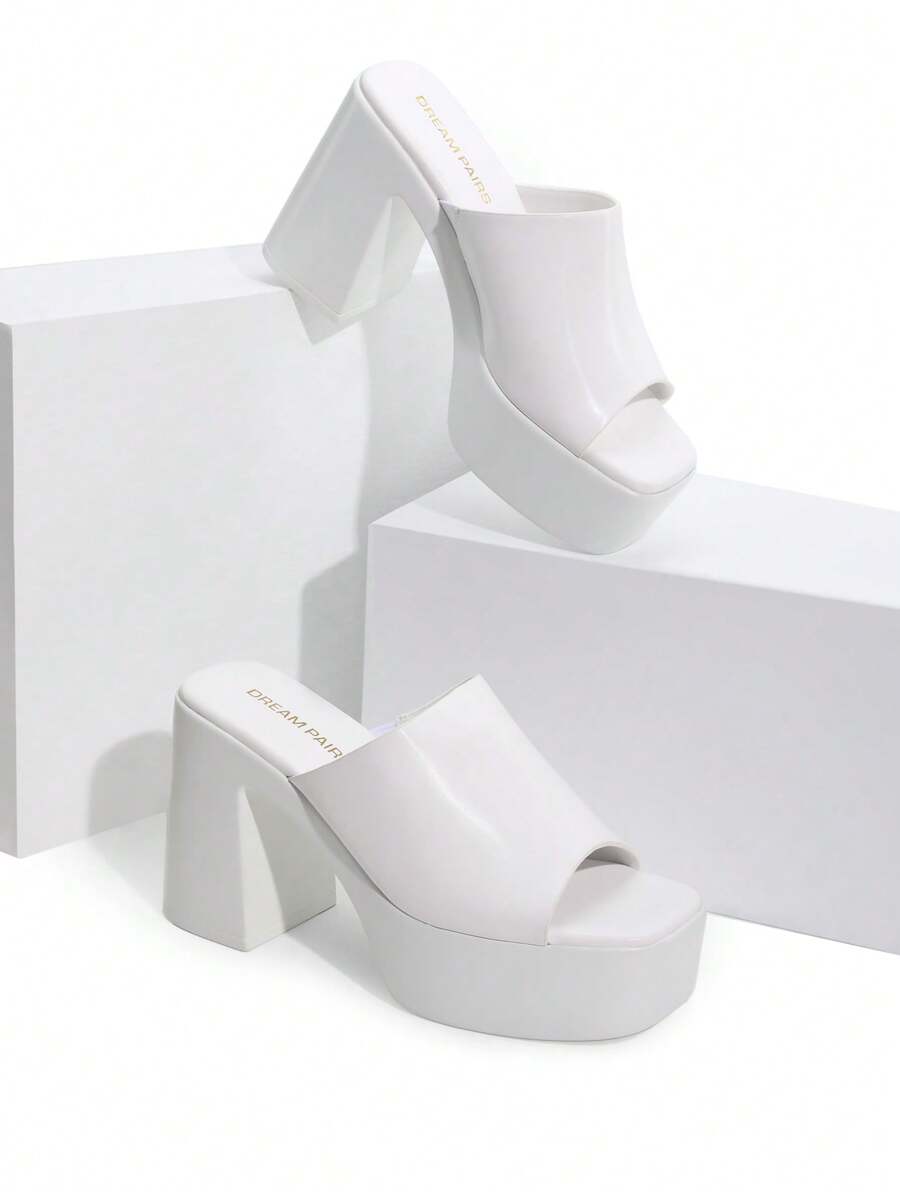 Women Minimalist Chunky Mule Heeled Sandals, Comfortable Platform Slip On Open Toe Block Summer Heeled Sandals - trắng - Xem 1