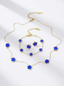 4 Pcs Stainless Steel Europe And The United States Fashion Popular High-Grade Light Luxury Feeling Sleep Creative Personalized Five-Leaf Flower Necklace Set Girls Daily Wear