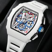 ONOLA Brand Chronograph Quartz Watch For Men Tonneau Dial Sport Waterproof Wristwatch Milk White Silicone Strap Auto Date Watch - trắng - Xem 4