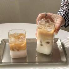 1pc Rectangular Clear Glass Mug, Heat-Resistant Milk Tea Or Coffee Cup, Portable Drinking Glass - Transparent - View 2