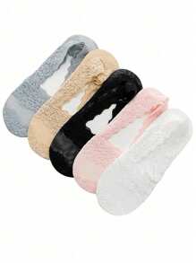 5双女款樱花蕾丝花边船袜深口防滑防摔跟透气隐形可配高跟鞋帆布鞋送礼使用 - 彩色 - 查看 3