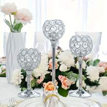 3-Pieces Elegant Crystal Candle Holders - Versatile, Silver CenterpiecePolished Finish For Wedding Decor, Table Centerpieces & Home Ambiance Gifts Birthday Graduation
