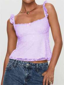 Women Y2k Crop Tank Tops Square Neckline Summer Slim Fit Cami Tops Sleeveless Open Back Low Cut Lace Floral Vest Going Out Blouse Tops - 淡紫色 - 查看 1