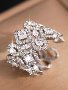 1pc Exquisite Geometric Wide-Banded Cubic Zirconia Open Ring, Suitable For Women's Daily Wear, Wedding, Party, Also Can Be Used As Jewelry Gift - Silver - View 6
