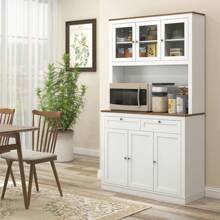 HOMCOM HOMCOM Alacena de Cocina Mueble Auxiliar de Cocina Armario de Cocina con 3 Puertas de Vidrio Compartimento Abierto 2 Cajones y Estantes Ajustables 100x40x180 cm Blanco