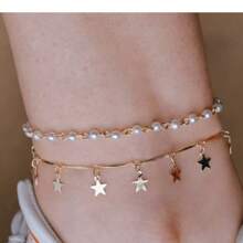 1 pieza Tobillera de acero inoxidable chapada en oro de 18K con diseño de estrella de cinco puntas de doble capa y adornada con perla, diseño minimalista para mujer, adecuado para fiestas, citas y trabajo