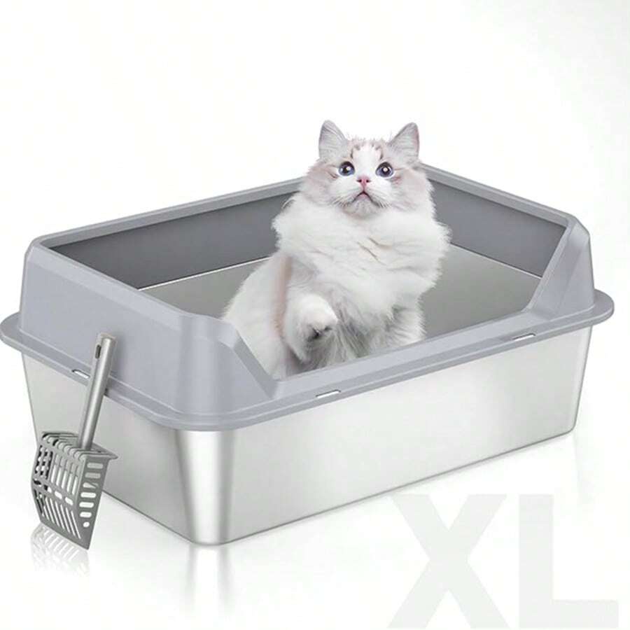Stainless Steel Cat Litter Box, Large Metal Trash Bin For Cats And Rabbits, Never Absorbing Odors, Stain Proof, Rust Proof, Non Stick And Smooth Surface 19.6 "Long X 13.7" Wide X 9 "High - Grey - View 1