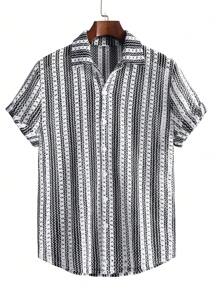 Retro Bohemian Style Striped Loose Short Sleeve Shirt Unisex, Breathable Summer Thin Jacket