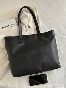 Fashionable Versatile Solid Color New PU Leather Shoulder Tote Bag, Casual Minimalist Vintage College Style Large Handbag For Women