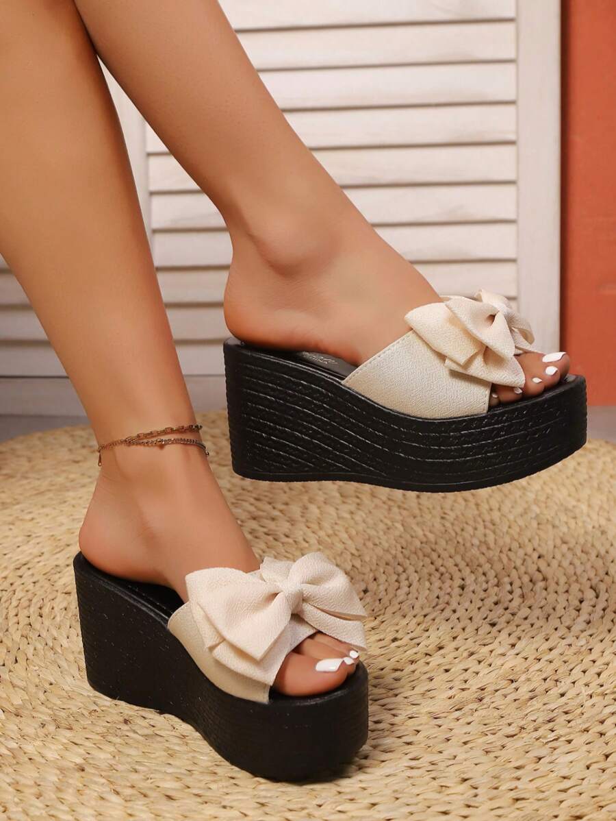 仙女风格女士蝴蝶结坡跟拖鞋时尚花朵女士凉鞋简约厚底高跟拖鞋 - 米色 - 查看 1