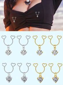 1Pair Heart Fake Nipple Ring With Dangle Stainless Steel Non-Piercing Nipple Rings Clip On Nipplerings Faux Body Piercing Jewelry For Women Men