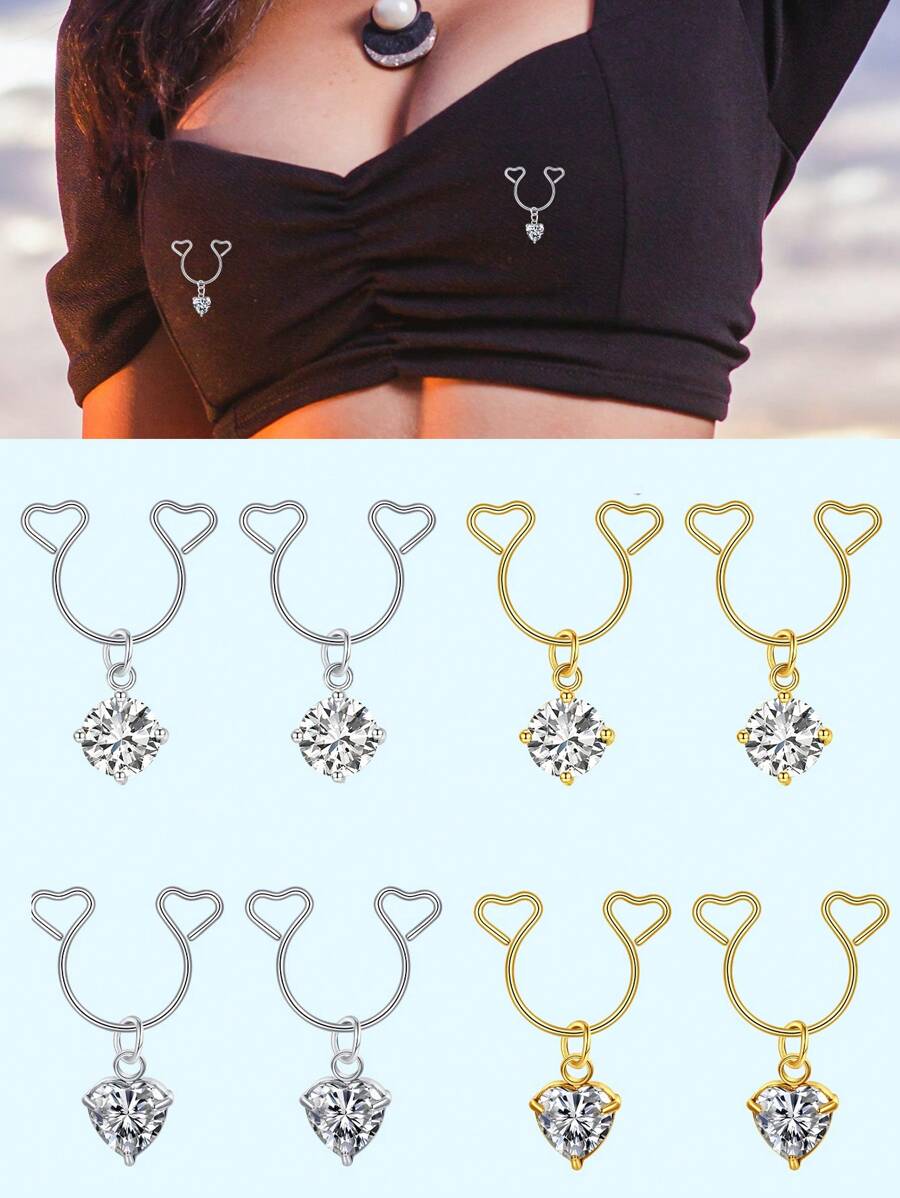 1Pair Heart Fake Nipple Ring With Dangle Stainless Steel Non-Piercing Nipple Rings Clip On Nipplerings Faux Body Piercing Jewelry For Women Men