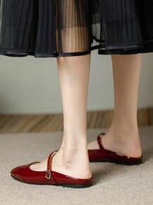 Women's Fashion Square Toe Casual Slip-On Black Shoes, Versatile Office, Outdoor Wear Flat Mules, Spring/Summer Premium Quality - 酒紅色 - 查看 5