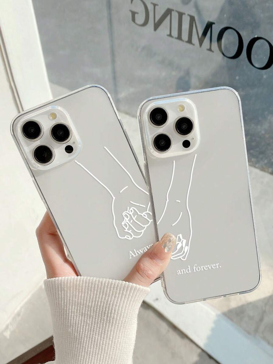 2 pièces Étuis de téléphone minimalistes avec empreintes de couple, coques de téléphone transparentes avec des éléments romantiques et le slogan "Toujours et pour toujours", compatibles avec et Galaxy, version internationale, pas la version domestique - Multicolore - Voir 1