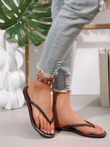 New Spring/Summer Women's Chocolate Brown Flip Flop Sandals, Round Toe Flat Thong Slippers, Casual Wear Indoor/Outdoor - 巧克力棕 - 查看 5