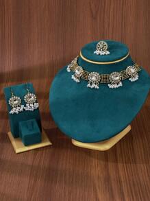 4pcs/Set European & American Vintage Palace Style Women Jewelry Set: 1pc Sapphire Crystal Glass Faux Pearl Tassel Pendant Necklace, 1 Pair Earrings, 1pc Rhinestone Ring