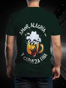 Green Men's T-Shirt With Cartoon Beer Cup Print, Casual Stylish Breathable Versatile Short Sleeve Top, 100% Polyester Lightweight Fabric - Black - View 2