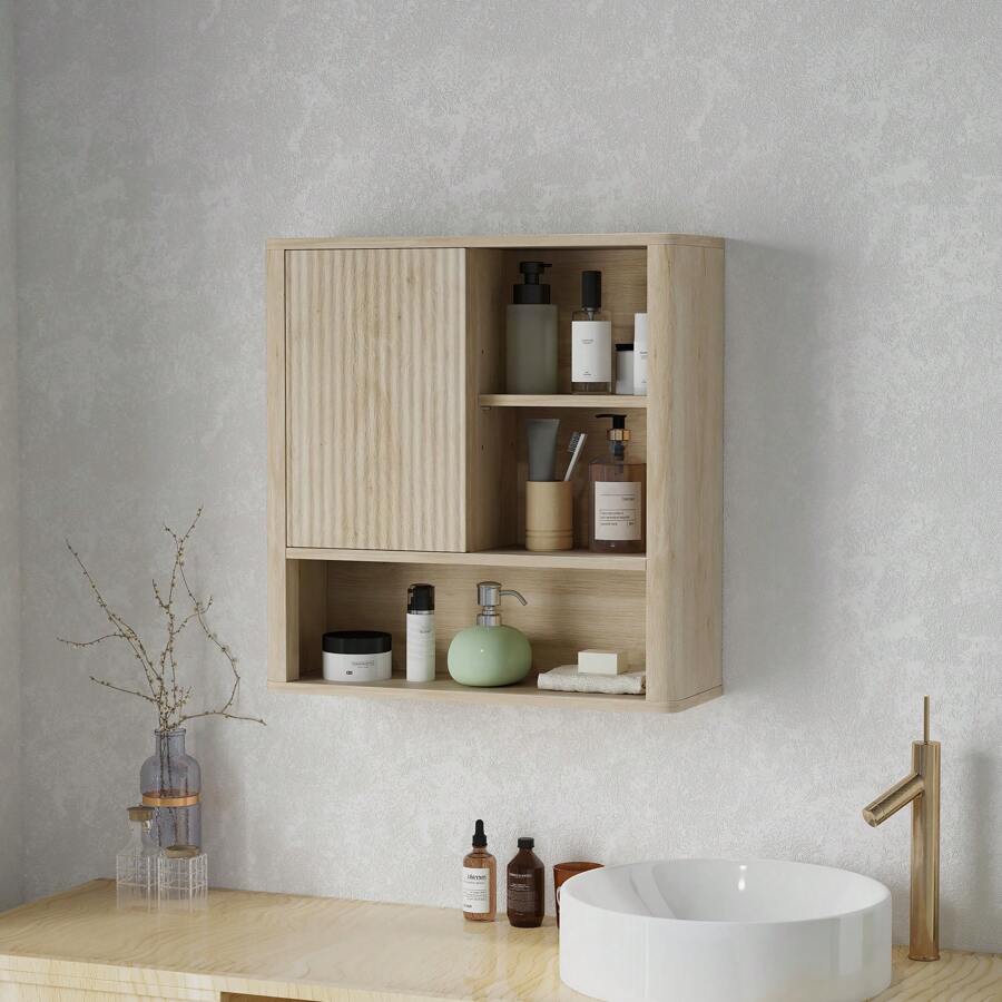 HOMCOM Armario de Baño de Pared Mueble de Baño Colgar con Estantes Ajustables Puerta Corredera Compartimentos y Diseño con Perfil Curvo 60x20x62 cm Natural - 60x20x62 cm - Ver 1