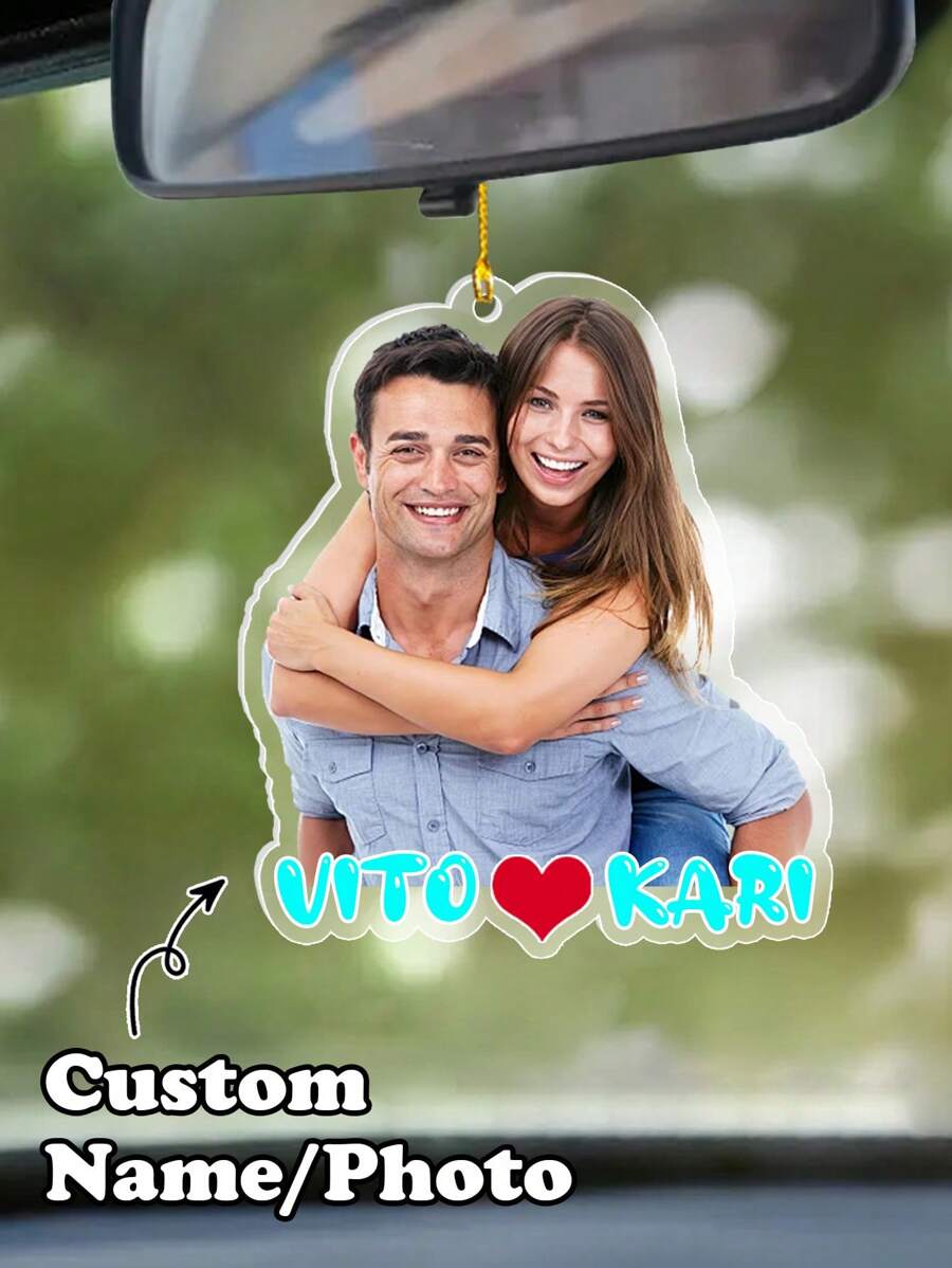 1/2Pcs Custom Hanging Car Photo Frames, Personalized Photo Name Pendant Car Accessories, Customized Photo Car Ornament, Customizable Car Photo Decor Accessories, Rear View Photo Gift, Anniversary Gift, Car Mirror Hanging Ornament, Car Charm - Style a - View 1