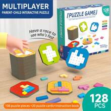 1 Set de 108 piezas de Rompecabezas + 20 cartas, Juego interactivo de bloques de construcción inteligente para múltiples jugadores, incluye una ruleta de penalización, colores de dibujos animados que estimulan el pensamiento, la lógica y la imaginación espacial, 128 piezas de rompecabezas, regalo de Acción de Gracias, Navidad, Año Nuevo, Cumpleaños, Pascua para niños