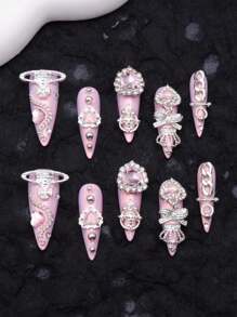 10 pezzi Set di unghie finte estive stile giapponese Y2K, unghie acriliche a stiletto lunghe con finitura cromata - Unghie finte intere con decorazioni a cuore in 3D e strass, unghie false con finitura rosa lucida, catena e smalto metallizzato, per San Valentino, Ognissanti, regali per donne e ragazze