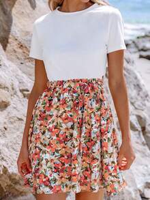 Unabhängigkeitstag & Abschluss Blumenkleid mit weißer gerüschter Bluse, dehnbares Top, kurze Ärmel Ditsyblumen-Mesh-Rock, Strandmode-Outfit für Frauen, Hochzeitskleid, Braut