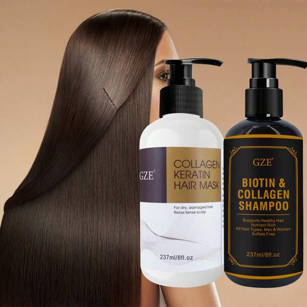 Shampoo de Colágeno e Biotina GZE, Máscara Capilar de Colágeno e Queratina, Limpeza Profunda e Condicionamento para Cabelos Secos e Danificados - Restaura Força e Elasticidade - Infundido com Óleo de Argan, Óleo de Coco e Manteiga de Karité - Para Cabelos Saudáveis e Bonitos