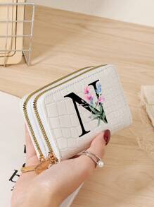 Stylish Crocodile & Stone Texture Women's Compact Card Holder With Multi-Functional Card Storage, Double Zipper Coin Compartment, And ID Window - Customizable A-Z Letter Print With Green Leaves And Pink Flowers Pattern